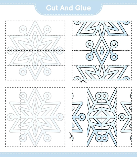 Vector cut and glue cut parts of snowflake and glue them educational children game printable worksheet vector illustration