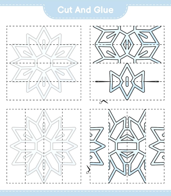 Cut and glue cut parts of snowflake and glue them educational children game printable worksheet vector illustration