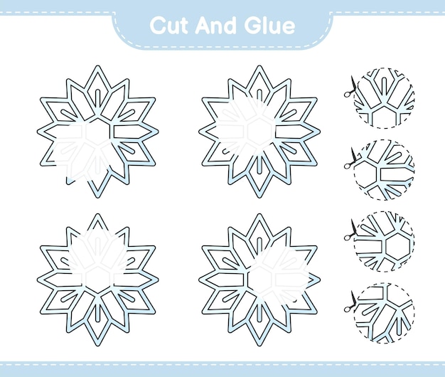 Tagliare e incollare parti di fiocco di neve e incollarle illustrazione vettoriale del foglio di lavoro stampabile del gioco educativo per bambini