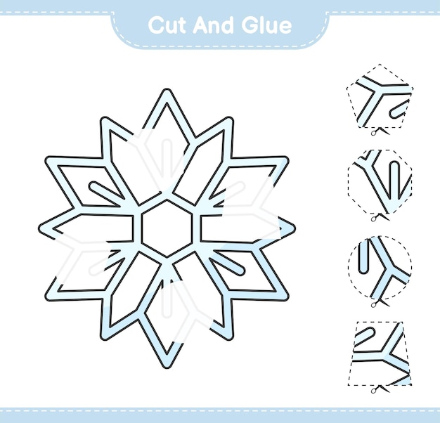 Tagliare e incollare parti di fiocco di neve e incollarle illustrazione vettoriale del foglio di lavoro stampabile del gioco educativo per bambini