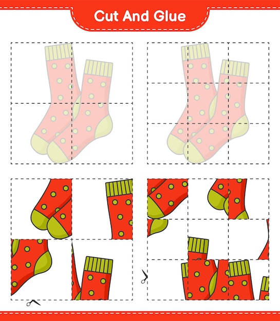 Cut and glue, cut parts of Socks and glue them. Educational children game, printable worksheet, vector illustration