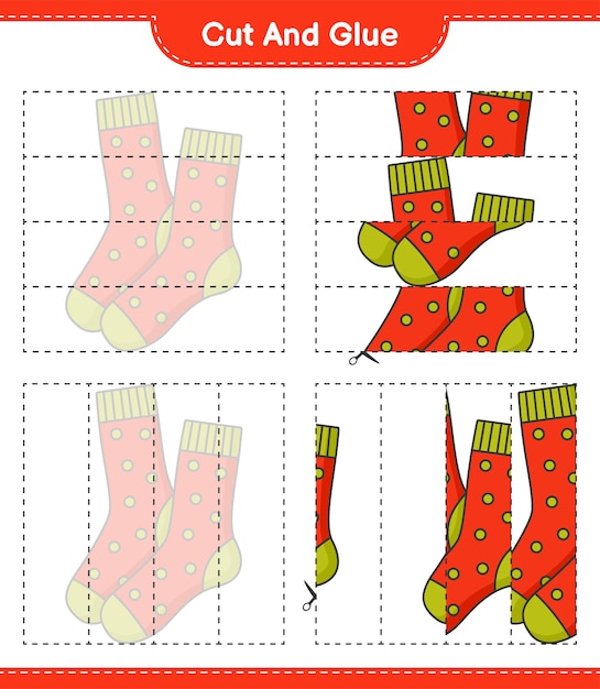자르고 붙이고 양말의 일부를 자르고 붙입니다. 교육 어린이 게임, 인쇄용 워크시트, 벡터 일러스트 레이 션
