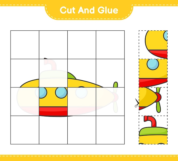 Cut and glue cut parts of Submarine and glue them Educational children game printable worksheet