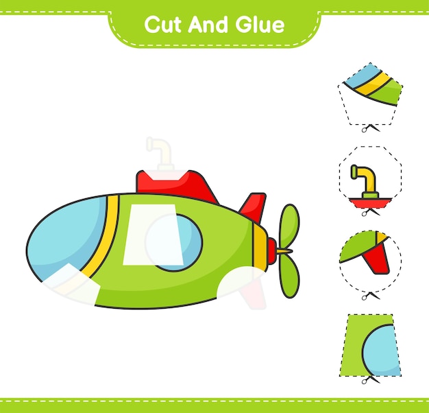 Cut and glue cut parts of submarine and glue them educational children game printable worksheet