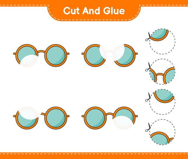 Cut and glue, cut parts of sunglasses and glue them. educational children game, printable worksheet, vector illustration