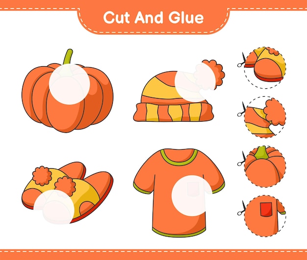 Cut and glue, cut parts of T-shirt, Slippers, Pumpkin, Hat and glue them. Educational children game, printable worksheet, vector illustration