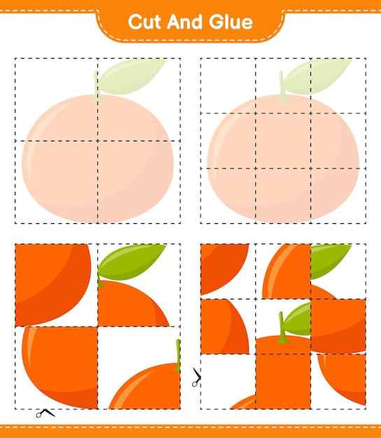 Tangerin의 일부를 자르고 붙이고, 자르고 붙입니다. 교육용 어린이 게임, 인쇄 가능한 워크 시트