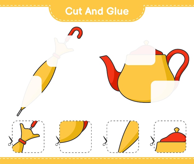 Cut and glue, cut parts of Teapot and Umbrella. Educational children game, printable worksheet, vector illustration