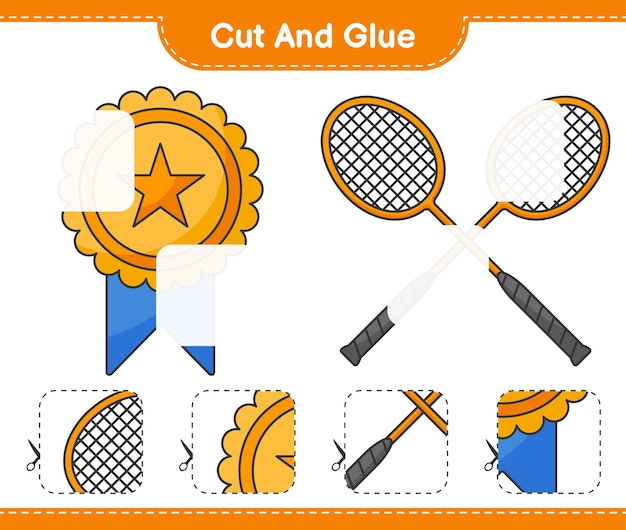 Cut and glue cut parts of Trophy Badminton Rackets and glue them Educational children game printable worksheet vector illustration