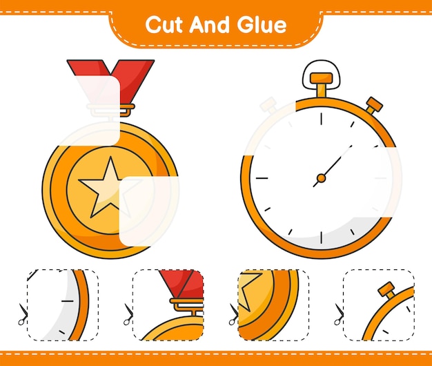 Cut and glue cut parts of Trophy Stopwatch and glue them Educational children game printable worksheet vector illustration