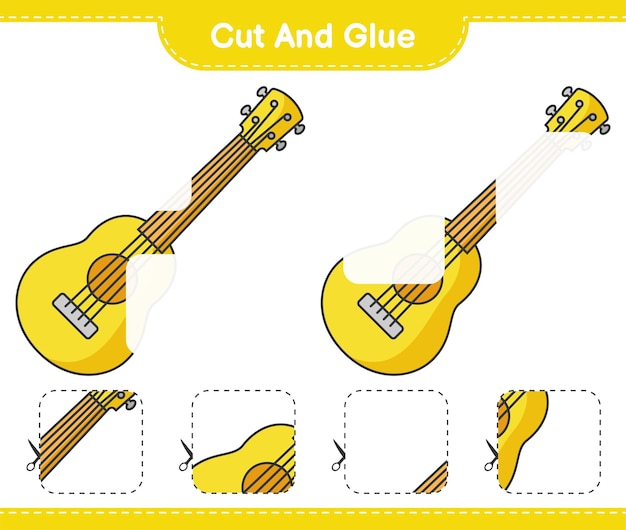 Cut and glue, cut parts of Ukulele and glue them. Educational children game, printable worksheet, vector illustration