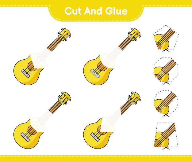 Cut and glue, cut parts of Ukulele and glue them. Educational children game, printable worksheet, vector illustration