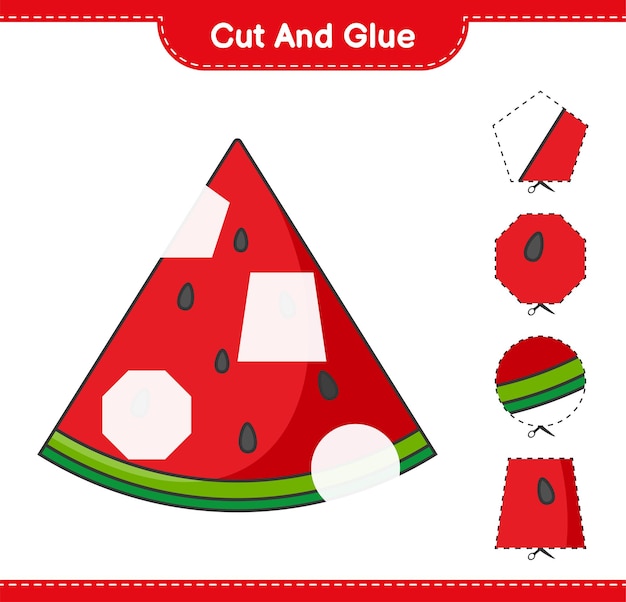 Cut and glue, cut parts of Watermelon and glue them. Educational children game, printable worksheet, vector illustration