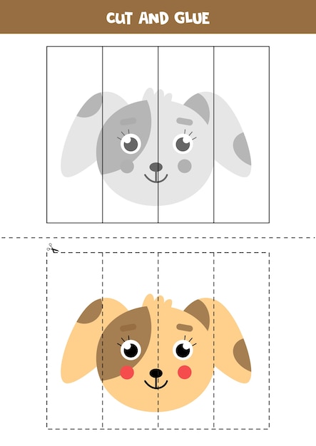 Taglia e incolla un simpatico cane kawaii. gioco educativo per bambini. imparare a tagliare. puzzle per bambini.