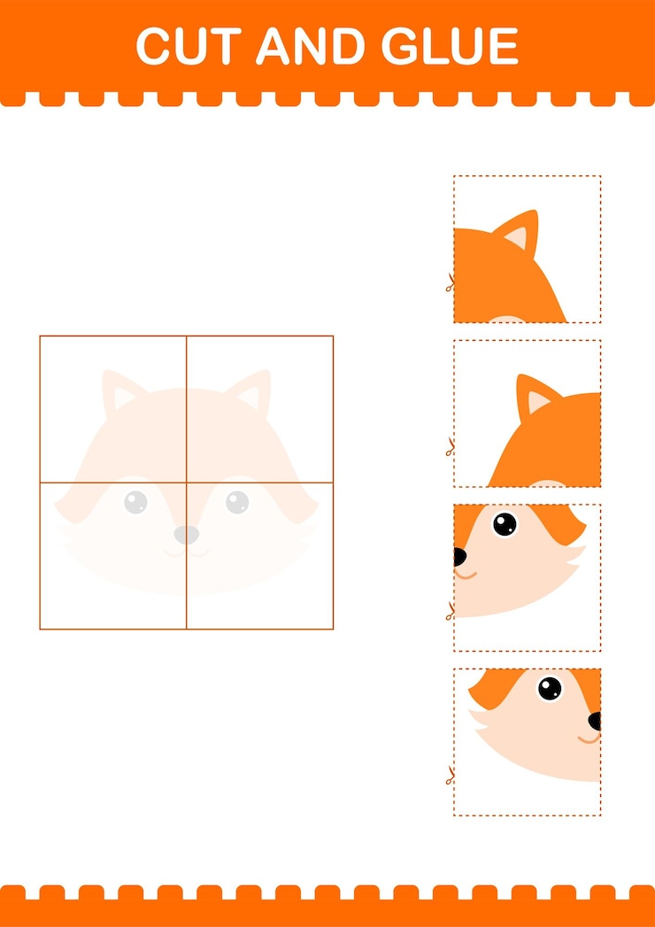 Vector cut and glue fox face worksheet for kids