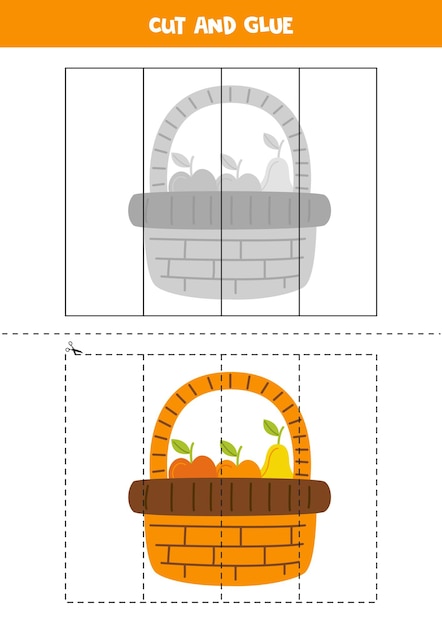 Cut and glue game for kids Basket full of fruits