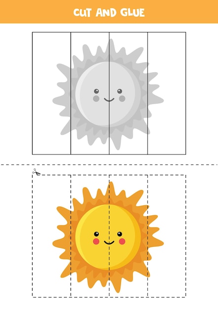 Vector cut and glue game for kids. cartoon sun. cutting practice for preschoolers. educational worksheet for kids.