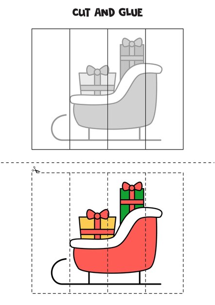 아이들을 위한 자르고 붙이기 게임. 크리스마스 썰매.