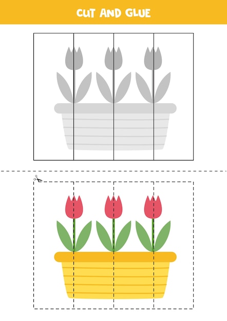 Cut and glue game for kids Cute tulips in pots