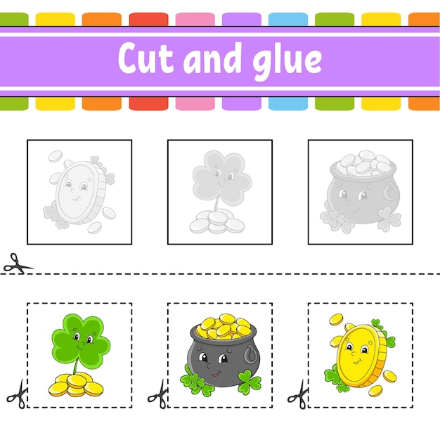Cut and glue Game for kids Education developing worksheet Color activity page cartoon character St Patrick's day