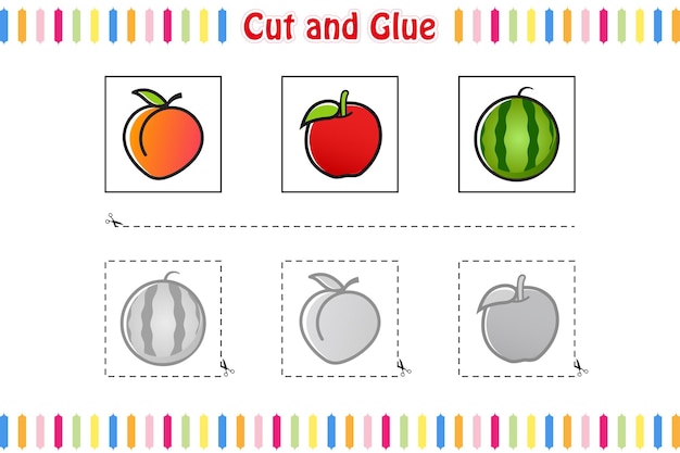 Cut and glue game for kids, education, developing, worksheet, color activity page. fruits cartoons