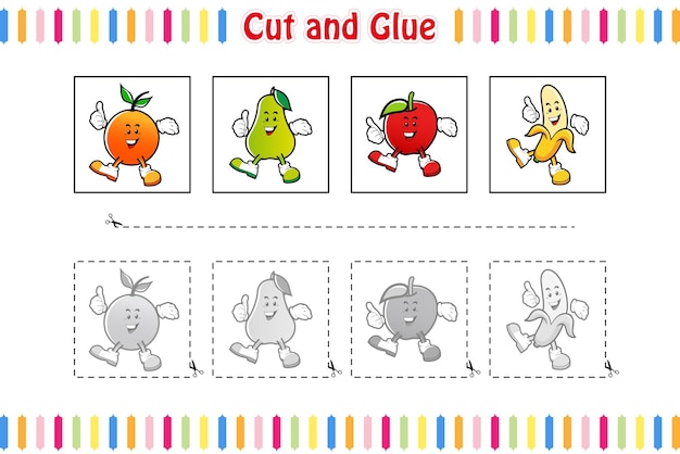 Cut and glue game for kids, education, developing, worksheet, color activity page. fruits cartoons