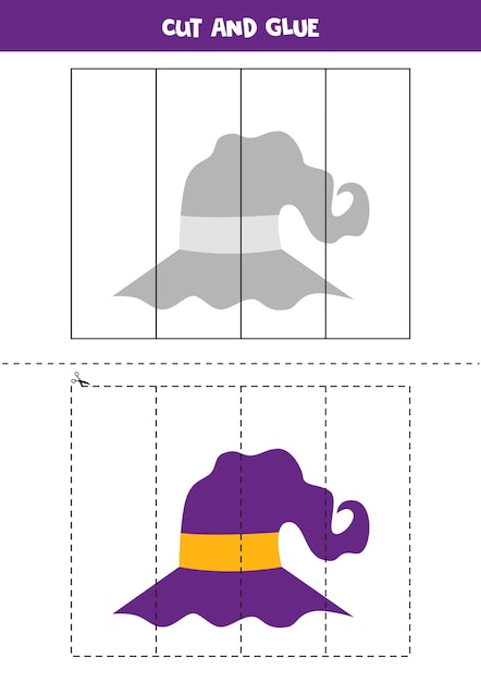 아이들을 위한 자르고 붙이기 게임. 할로윈 마법사 모자.