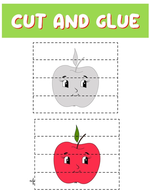 Cut and glue game for kids Puzzles with an apple Children funny entertainment and amusementVector illustration Cutting practice for preschoolers