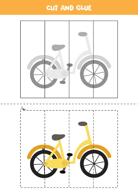 Taglia e incolla gioco per bambini con la bicicletta dei cartoni animati. pratica di taglio per bambini in età prescolare.