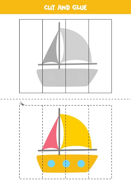 Taglia e incolla gioco per bambini con yacht dei cartoni animati. pratica di taglio per bambini in età prescolare.