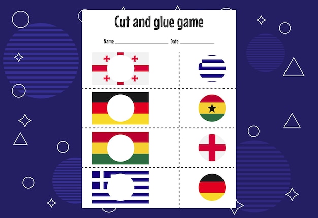 Cut and glue game for kids with country flag cutting practice for preschoolers education paper game for children