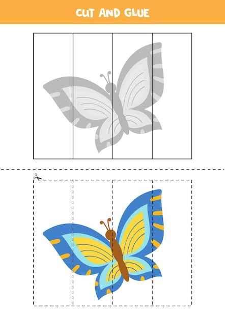 Cut and glue game for kids with cute butterfly. Cutting practice for preschoolers.