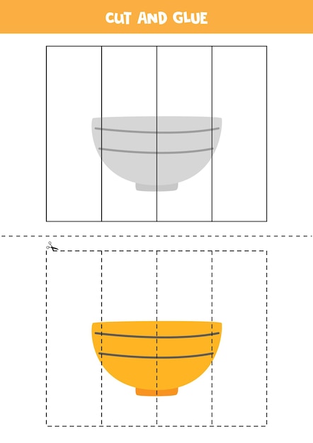 Cut and glue game for kids with kitchen bowl. Cutting practice for preschoolers.