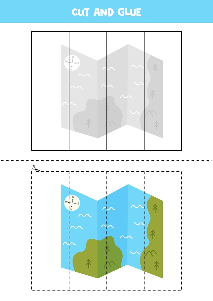 Vector cut and glue game for kids with map cutting practice for preschoolers