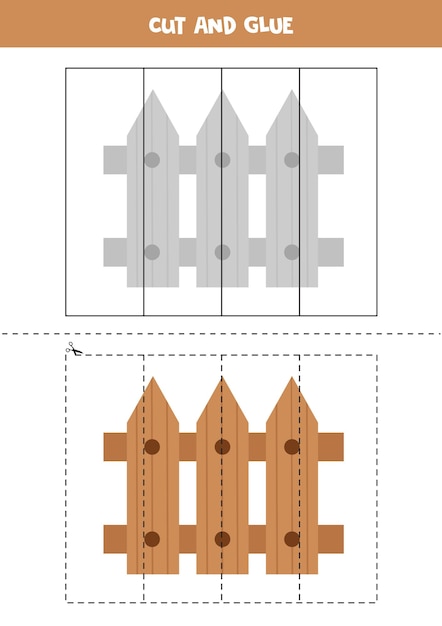 Cut and glue game for kids with wooden fence Cutting practice for preschoolers