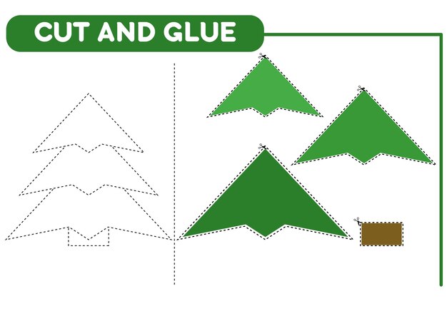 Vector cut and glue green christmas tree worksheet for kids educational game