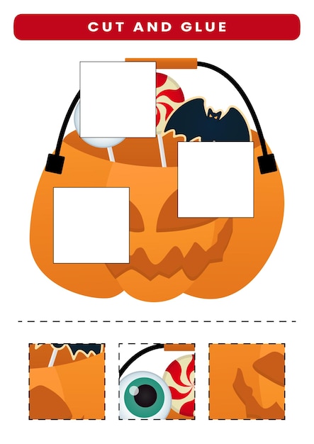 Vector cut and glue halloween theme worksheet for kids