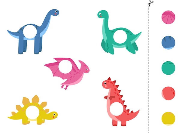 Cut and glue parts of cartoon vector dinosaurs. educational logical game for kids. matching game for preschoolers.