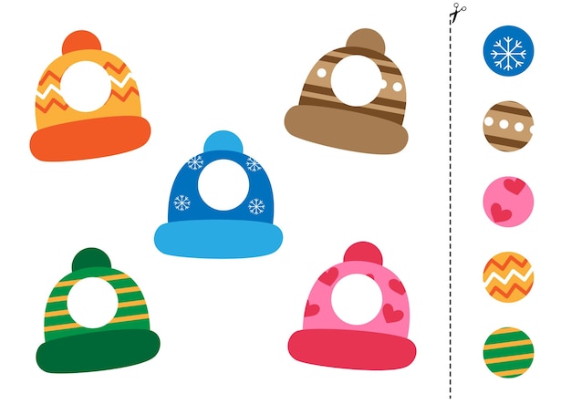 Vector cut and glue parts of cute cartoon colorful winter caps