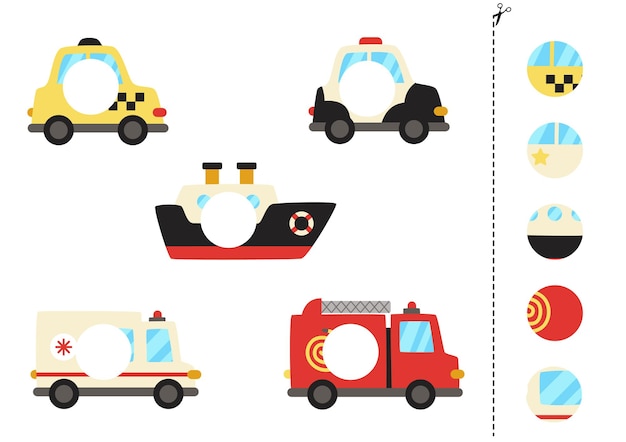 Vector cut and glue parts of transportation means. educational logical game for kids. matching game.