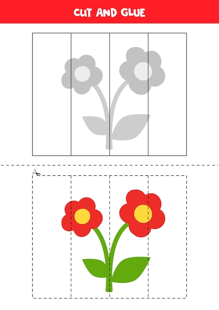 漫画の赤い花の写真をカットアンドグルー