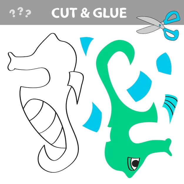 Cut and glue - Simple game for kids. Use scissors and glue and restore the picture inside the contour. Easy paper game for kids with funny seahorse