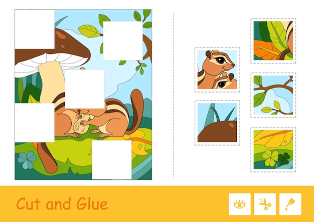 Cut and glue vector puzzle learning children game with colorful image of two chipmunks sitting under the mushroom in a wood wild animals educational activity for kids