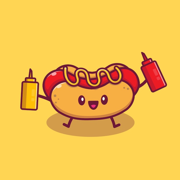 Cut hot dog holding mustard and sauce cartoon icon\
illustration. fast food cartoon icon concept isolated . flat\
cartoon style