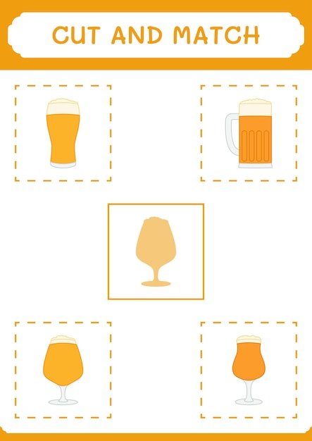 Cut and match parts of Beer game for children Vector illustration printable worksheet