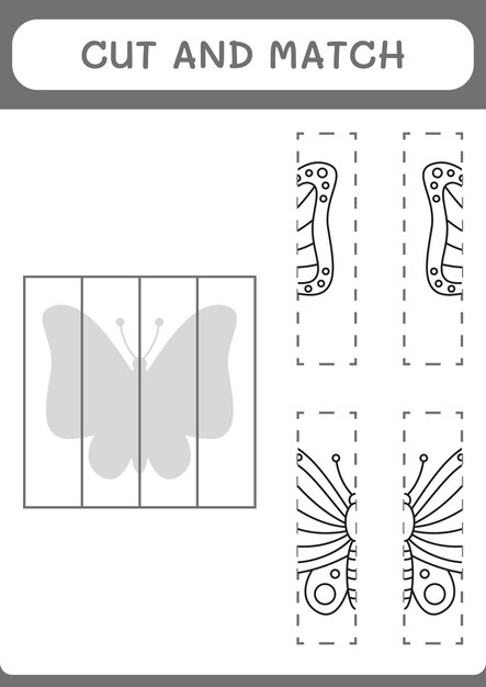 Taglia e abbina parti del gioco butterfly per bambini foglio di lavoro stampabile con illustrazione vettoriale