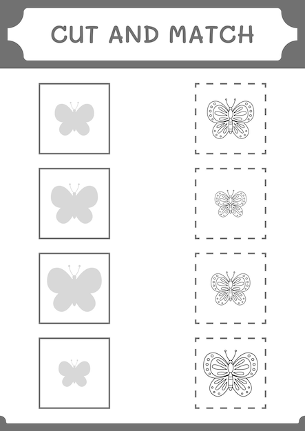 子供のための蝶のゲームの一部をカットして一致させるベクトルイラスト印刷可能なワークシート