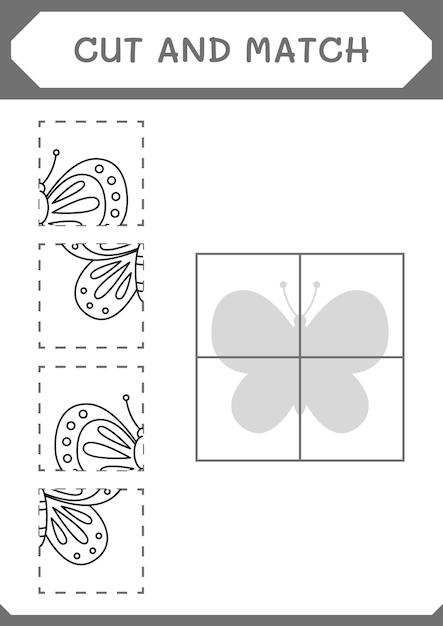 子供のための蝶のゲームの一部をカットして一致させるベクトルイラスト印刷可能なワークシート