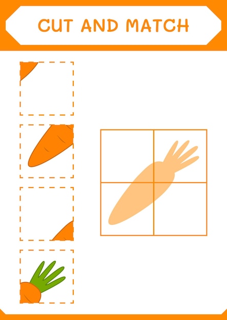 Taglia e abbina parti del gioco carrot per bambini foglio di lavoro stampabile con illustrazione vettoriale