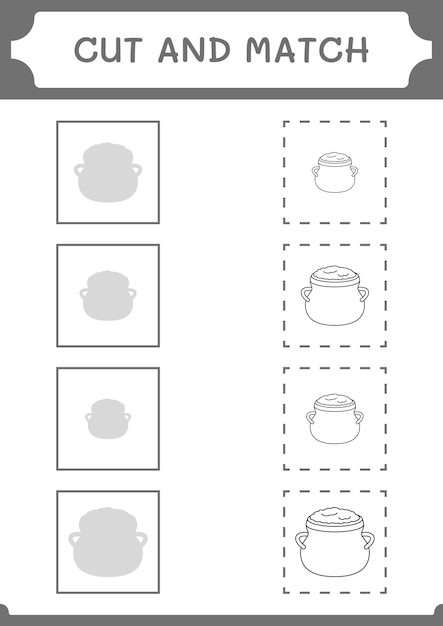 Cut and match parts of Cauldron game for children Vector illustration printable worksheet